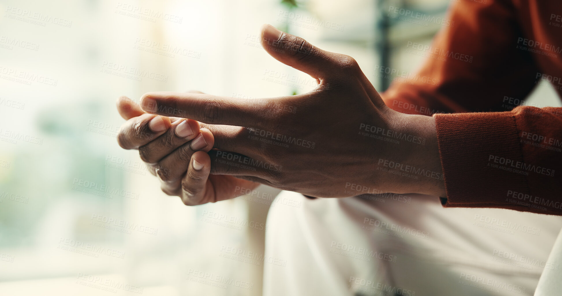 Buy stock photo Hands, man and worry as mistake, anxiety and stress for mental health, wellness and burnout in home. Male person, nervous and frustrated in psychology for depression, support and advice with closeup