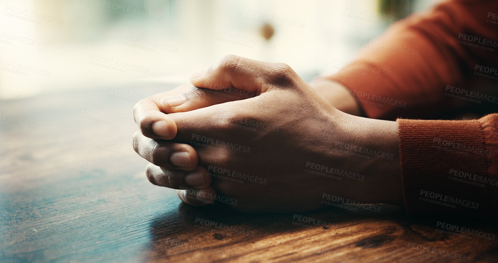 Buy stock photo Hands, table and person for stress crisis of depression risk, mental health and psychology fear. Thinking, anxiety and mortgage mistake of bankruptcy decision, reflection worry and debt fail at house