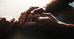 Couple, holding hands and love on table at house with compassion, partnership and consoling of depression. People, support and comfort with relationship crisis, partner empathy and loyalty connection