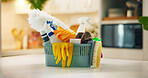 Sponge, product and house with basket, hygiene and detergent for daily chores, gloves or safety. Background, tools and spring cleaning as equipment, soap and sanitary bottle for disinfectant in home