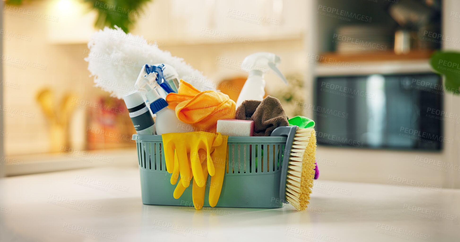 Buy stock photo Sponge, product and house with basket, hygiene and detergent for daily chores, gloves or safety. Background, tools and spring cleaning as equipment, soap and sanitizer bottle for disinfectant in home