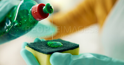 Buy stock photo Sponge, cleaner and closeup with soap, service and detergent for daily chores, gloves and safety. Person, liquid and spring cleaning as equipment, sanitary bottle and hygiene for disinfectant in home