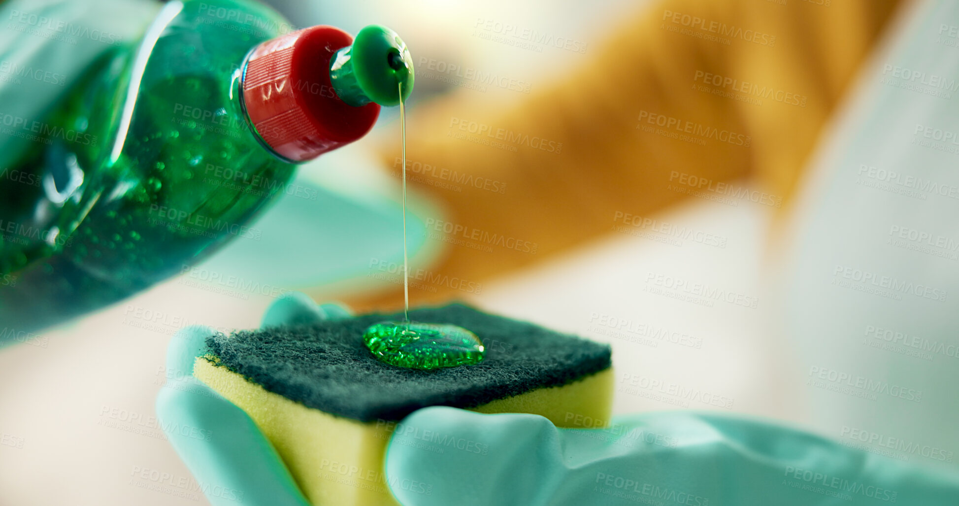 Buy stock photo Sponge, cleaner and closeup with soap, service and detergent for daily chores, gloves and safety. Person, liquid and spring cleaning as equipment, sanitary bottle and hygiene for disinfectant in home