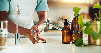 Buy stock photo Kitchen, foam and washing hands for hygiene, wellness and health for virus, infection and prevention. Person, cleaning and routine with water, soap and self care for bacteria, germs and dirt in home