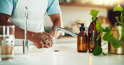 Buy stock photo Kitchen, foam and washing hands for hygiene, health and wellness for virus, infection and prevention. Person, cleaning and routine with water, soap and self care for bacteria, germs and dirt in home