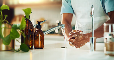 Buy stock photo Kitchen, soap and washing hands for hygiene, health and wellness for virus, infection and prevention. Person, cleaning and routine with water, foam and self care for bacteria, germs and dirt in home