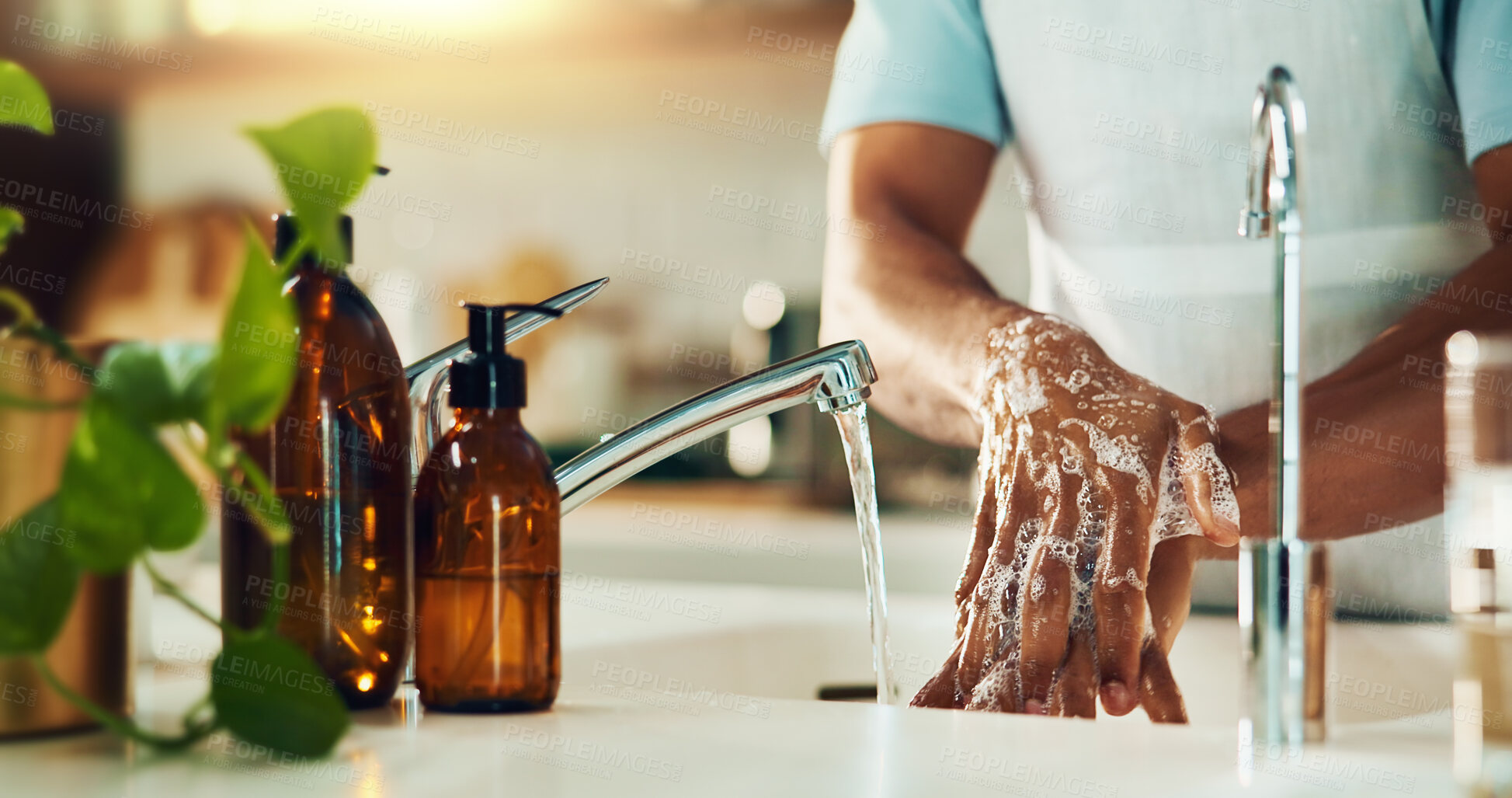 Buy stock photo Kitchen, soap and washing hands for hygiene, wellness and health for virus, infection and prevention. Person, cleaning and routine with water, foam and self care for bacteria, germs and dirt in home