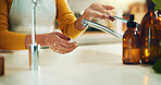 Hands, washing and woman at sink in kitchen with soap product, hygiene and skincare in home for germ prevention. Tap, cleaning and housekeeper with morning chores, health and wellness in apartment