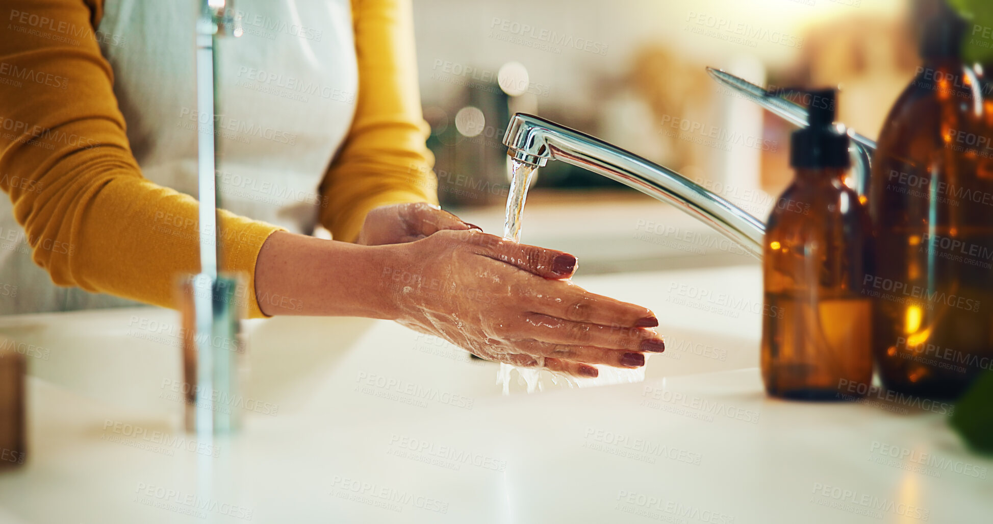 Buy stock photo Home, foam and washing hands for hygiene, health and wellness for virus, infection and prevention. Person, cleaning and routine with water, soap and self care for bacteria, germs and dirt in kitchen