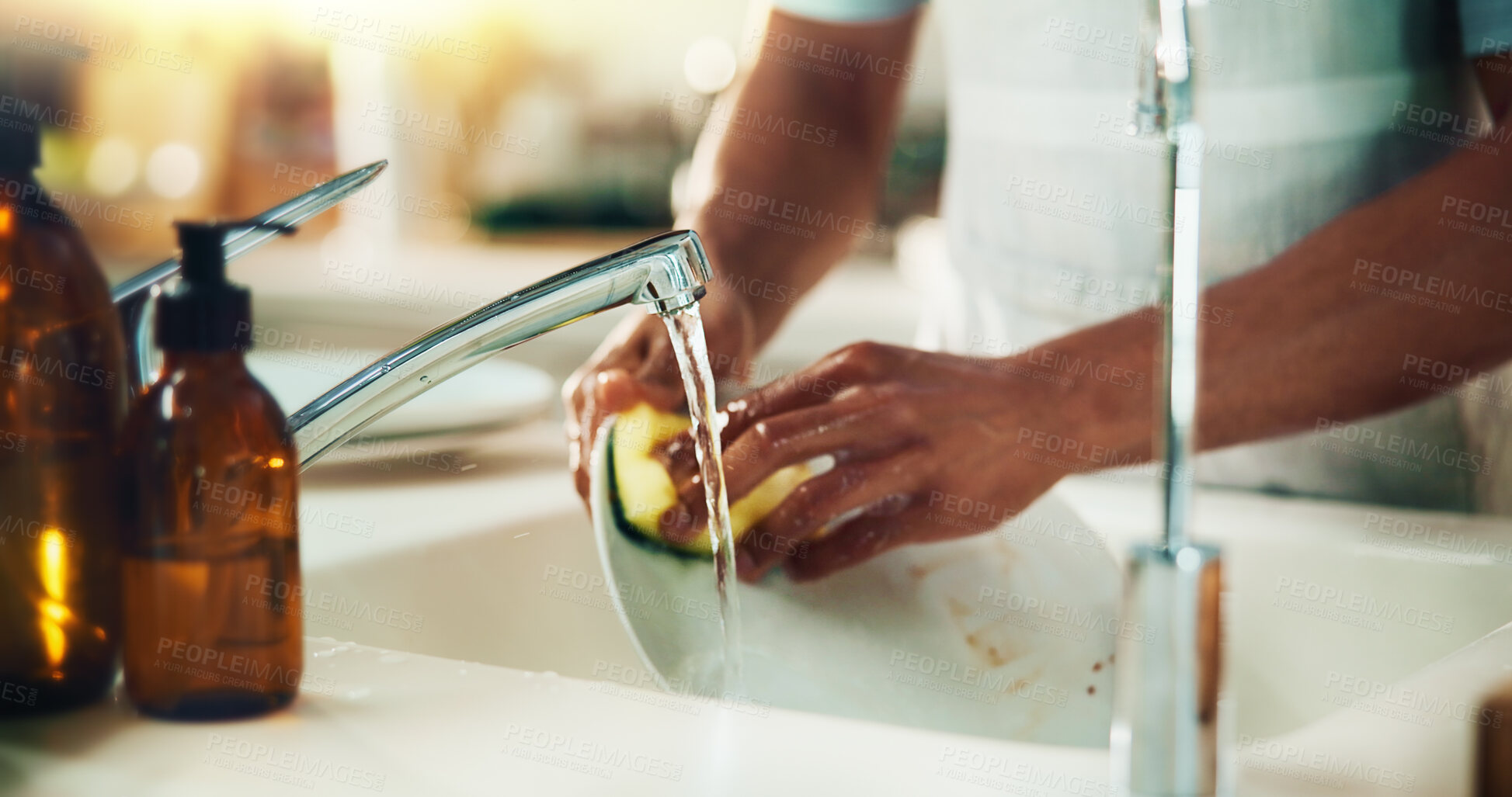 Buy stock photo Man, hands and washing dishes in kitchen for responsibility, dirt removal and hygiene with foam. Person, plate and water in home for bacteria prevention, cleaning or soap on sponge for disinfection
