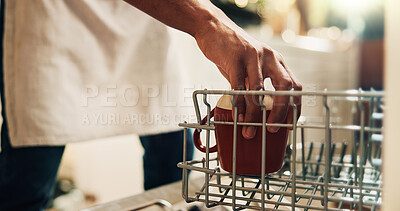 Buy stock photo Hands, person and cleaning dishes at house with dishwasher, dirty utensils and loading machine of hygiene. Cleaner, technology and crockery for household chore, disinfectant routine and domestic task