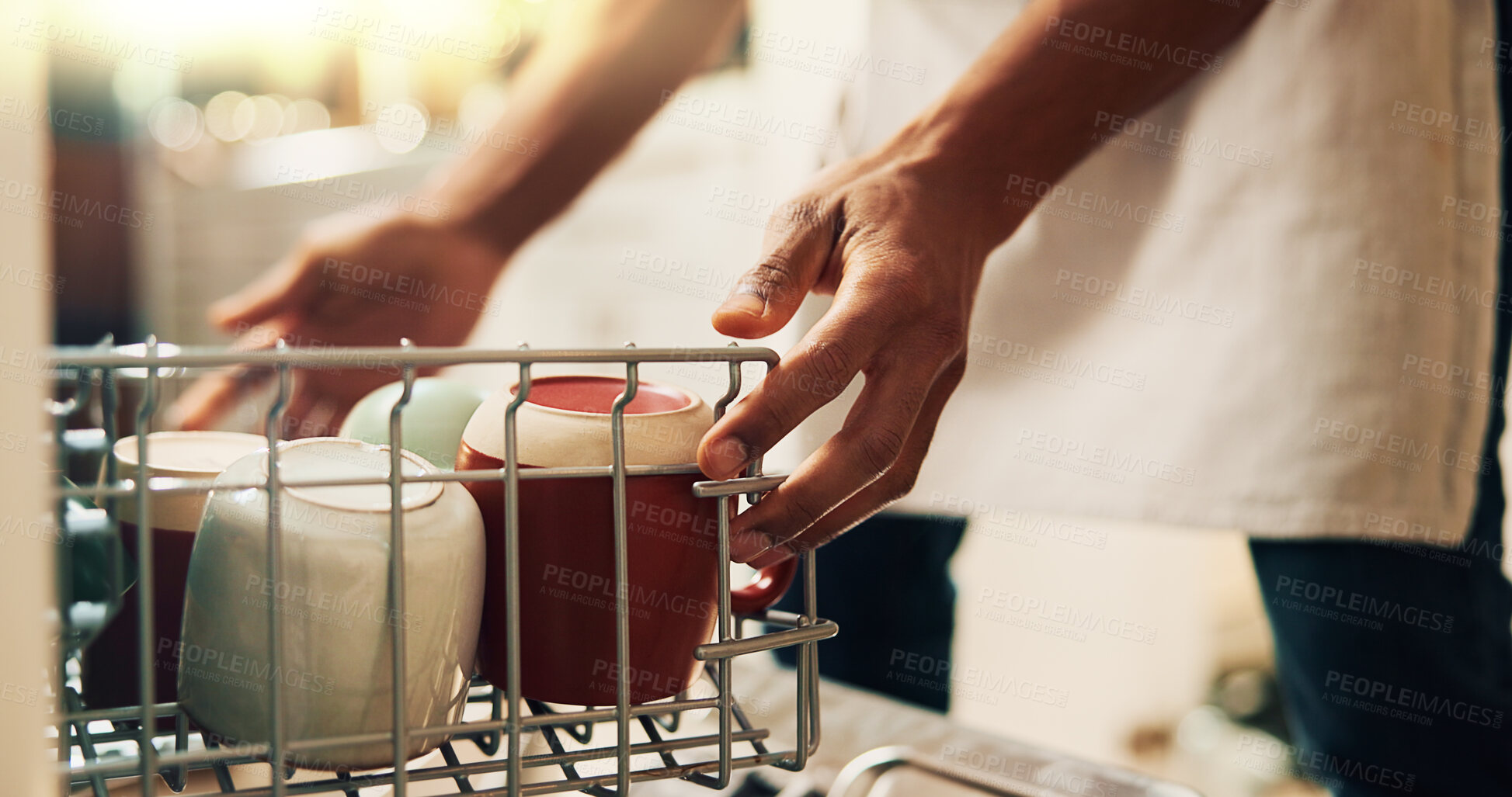 Buy stock photo Hands, person and washing dishes at house with dishwasher, dirty utensils and loading machine of hygiene. Cleaner, technology and crockery for household chores, disinfectant routine and domestic task