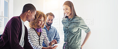 Buy stock photo Banner, startup and business people in meeting on tablet for teamwork, collaboration and discussion. Professional, creative office and man and woman on tech for feedback, web research and project