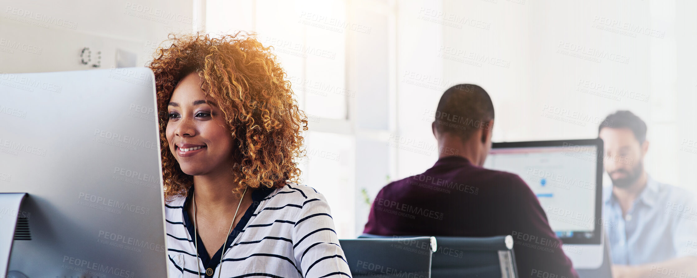 Buy stock photo Smile, business and woman with computer in office for reading article, editing process and journalist career. Happy, girl and coworking space with online research, copywriting and story information