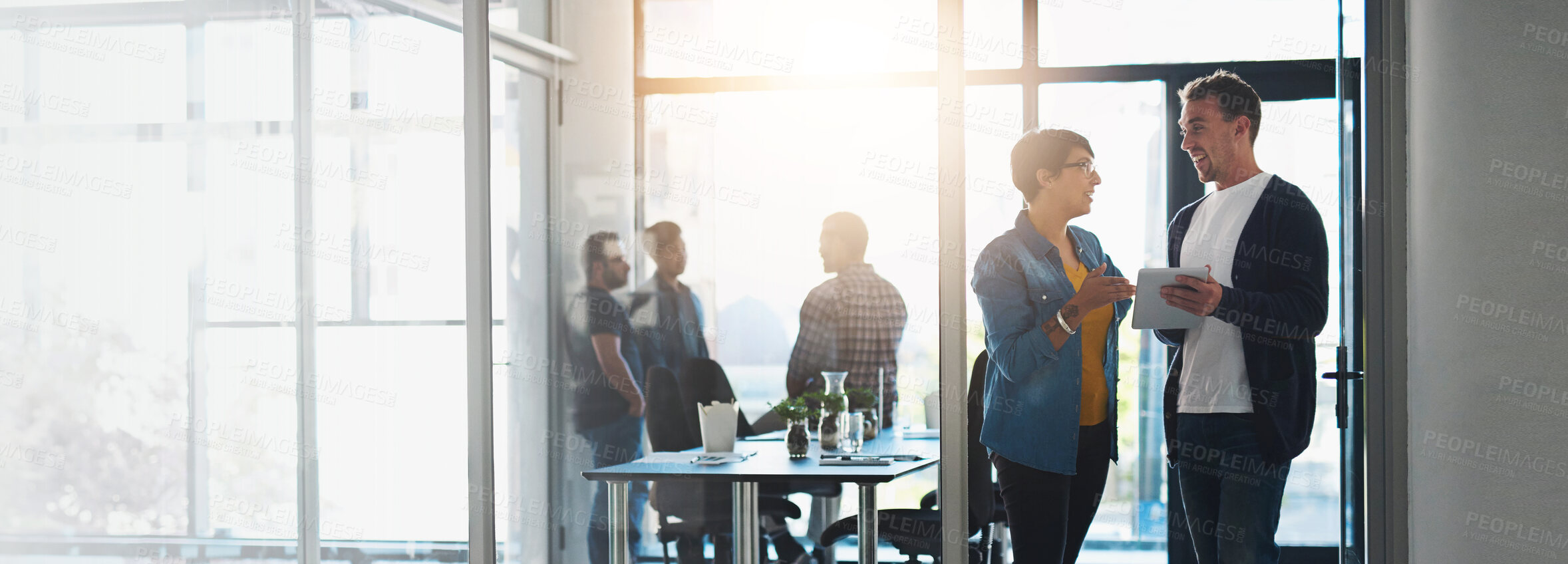 Buy stock photo Banner, tablet and business people in office in meeting for research project, online website and discussion. Professional, corporate space and workers on digital tech for planning, teamwork or report