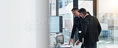 Buy stock photo Meeting, teamwork and advice with business people in office for data analytics, company budget and finance report. Corporate, mockup space and planning with employee for banner, statistics or sales