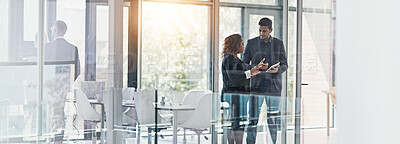 Buy stock photo Business people, discussion and meeting with tablet for planning, project or proposal in boardroom. Banner, group or colleagues in conversation with technology for corporate network or online report