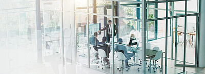 Buy stock photo Business people, presentation and screen with team in glass boardroom for meeting, review or corporate performance. Banner, businessman or analyst with group, graph or chart for statistics report