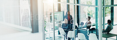 Buy stock photo Presentation, above and meeting with business people in office for corporate strategy, planning or workshop. Conference, banner and speaker with employee in agency for training, project or discussion