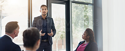 Buy stock photo Presentation, speaker and planning with business people in office for corporate strategy, meeting or workshop. Conference, banner and team with employee in agency for training, project or discussion