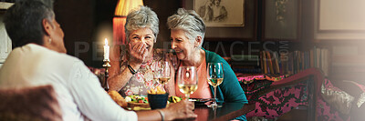 Buy stock photo Elderly people, friends and happy in home for dinner, reunion or gossip story in banner. Senior women, laugh and chatting with food for bonding, storytelling or birthday meal with wine in living room