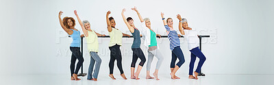 Buy stock photo Portrait, women and stretching for yoga in class of fitness, community support and mindfulness of balance. Banner, people and warmup with pilates coaching, mental health peace and wellness membership