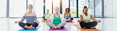 Buy stock photo Yoga class, lotus and women in meditation together for fitness, natural exercise and morning balance on banner. Workout, namaste and group of people relax for zen, wellness and mindfulness in studio