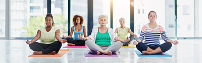 Buy stock photo Yoga, lotus and women in meditation together for fitness, natural exercise and morning balance class on banner. Workout, peace and group of people relax for zen, wellness or mindfulness in studio