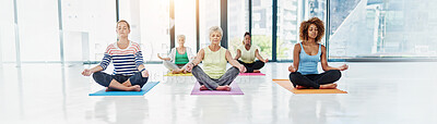 Buy stock photo Yoga class, lotus and group of women in meditation together for fitness, natural exercise and morning balance on banner. Workout, breathe and people relax for zen, wellness and mindfulness in studio