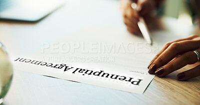 Buy stock photo Hands, woman and sign for marriage on document with prenuptial agreement, compliance and wedding contract. Person, paperwork and legal protection with assets, financial security and wealth insurance