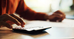 Hands, person and calculator with paperwork of finance payments, mortgage invoice and bank debt. Reading, documents and transaction of bills balance, expense management and financial control at house