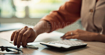 Buy stock photo Business woman, accountant or calculator with pen for audit, budget planning or finance at office desk. Closeup, female person or employee with accounting for financial expense, bill or tax deduction