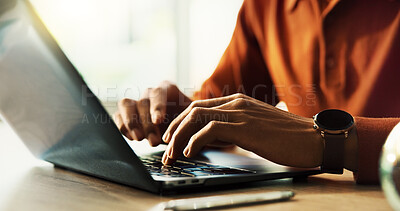 Buy stock photo Remote work, research and laptop with hands of person in home office for typing, networking and email. Newsletter, online and copywriting with closeup of freelancer in apartment for writer and blog