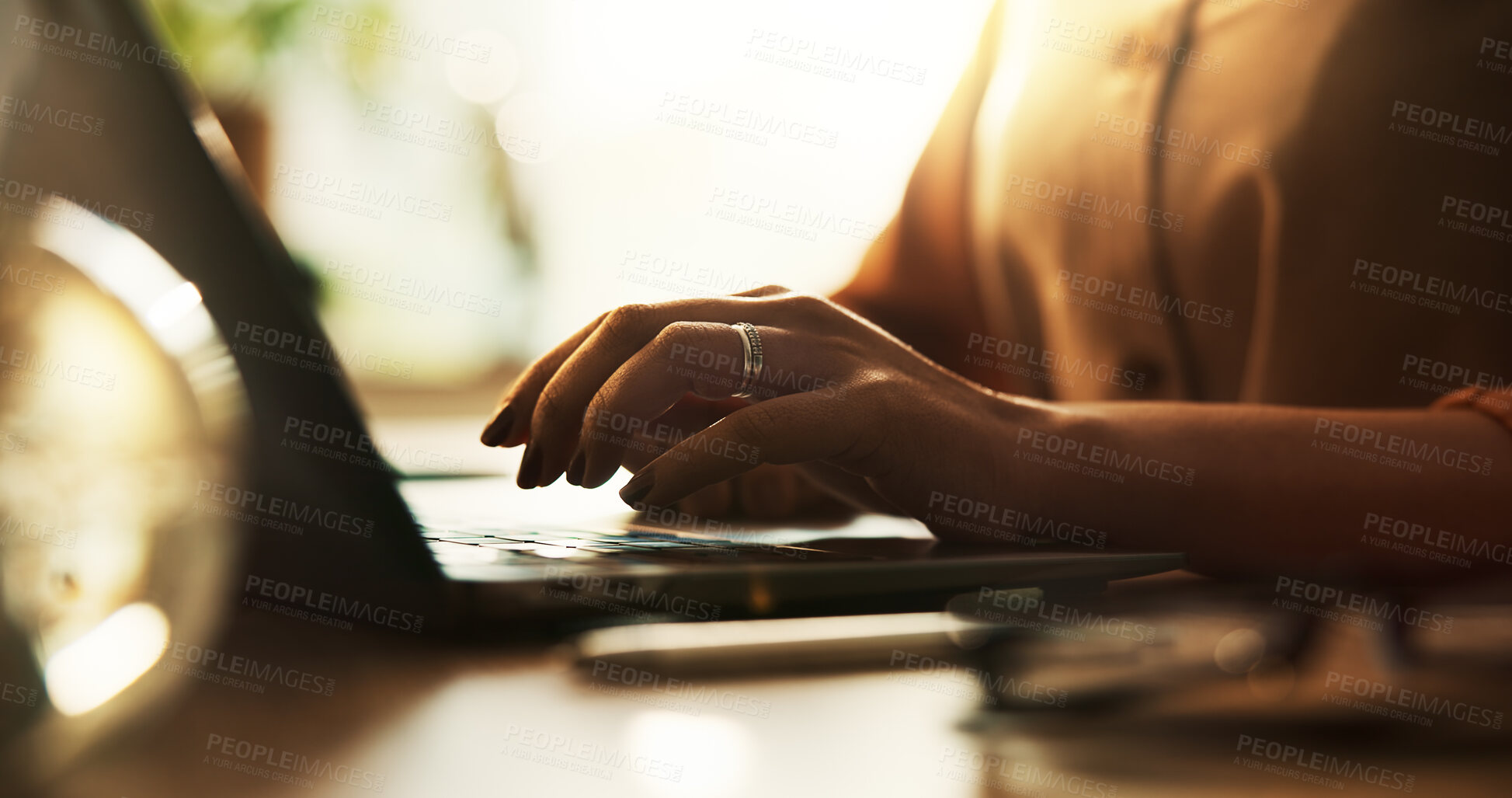 Buy stock photo Email, typing and laptop with hands of person in home office for research, networking and remote worker. Newsletter, online and copywriting with closeup of freelancer in apartment for writer and blog