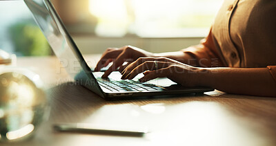 Buy stock photo Writer, typing and laptop with hands of person in home office for research, networking and email. Newsletter, online and copywriting with closeup of freelancer in apartment for remote work and blog