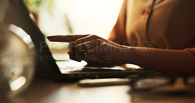 Buy stock photo Remote work, pointing and laptop with hands of person in home office for research, networking and email. Newsletter, online and copywriting with closeup of freelancer in apartment for writer and blog