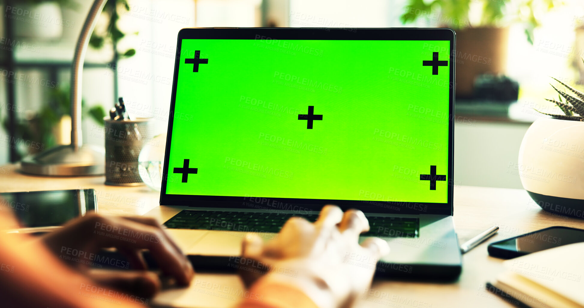 Buy stock photo Person, hands and laptop with green screen or mockup space for online advertising, marketing or UI at home office. Closeup, user or computer with chromakey display or tracking markers for UX or app