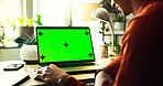 Business person, laptop or green screen with mockup space or tracking markers for online browsing, advertising or marketing at home. Closeup, user or computer with chromakey display for UI, UX or app