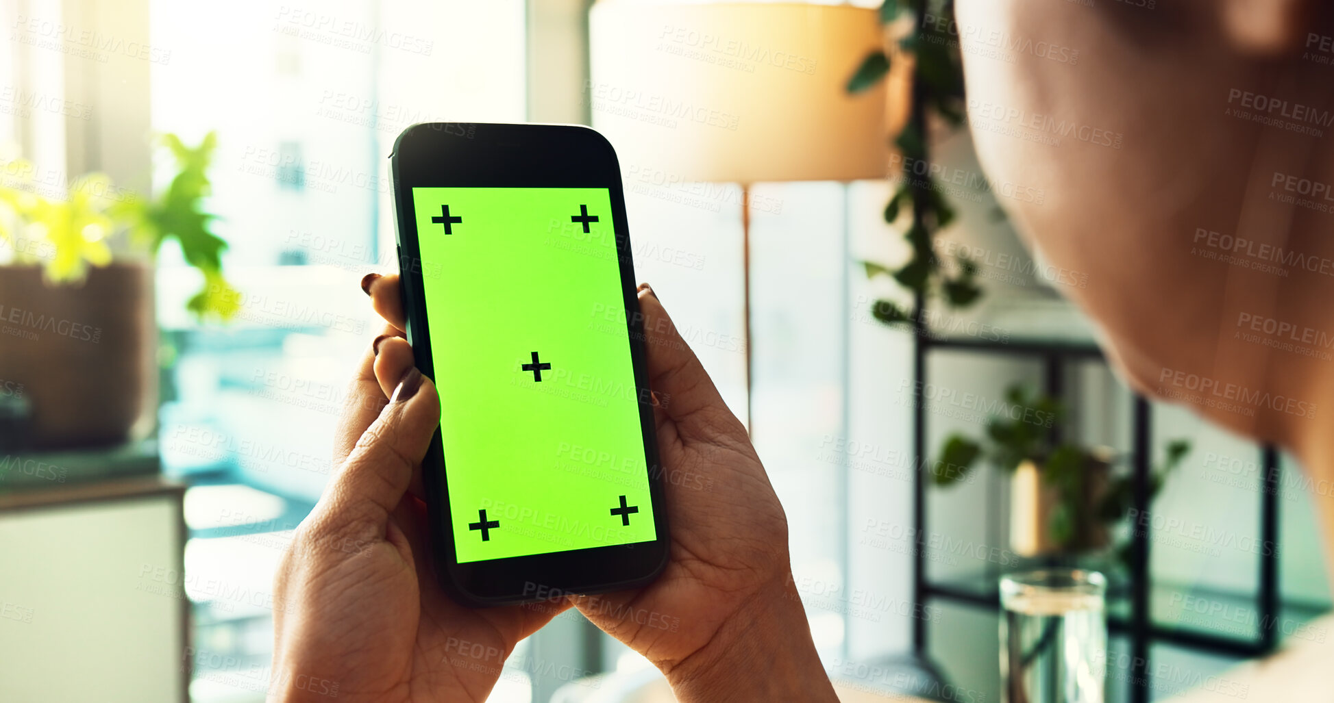 Buy stock photo Phone, green screen and hands of person in office with tracking marker, ux design and web search. Smartphone, connection and freelancer with mobile app for communication, networking or online space