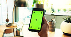 Smartphone, green screen and hands of person in home with tracking marker, ux design and web search. Phone, connection and freelancer with mobile app for communication, networking or online space