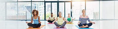 Buy stock photo Yoga, meditation and women in class together for fitness, natural exercise and morning balance on banner. Workout, lotus pose and group of people relax for zen, wellness and mindfulness in studio