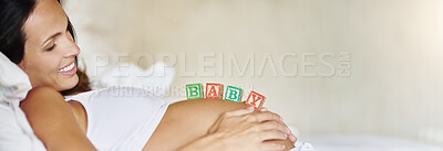 Buy stock photo Baby, blocks and pregnant woman in bed to relax with growth, child development and smile in home. Pregnancy, wellness and happy mom in bedroom with stomach, care and excited for motherhood on banner