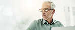 Thinking, business and man with glasses in office for planning schedule, proposal ideas and feedback. Contemplation, male person and computer for project solution, banner and bokeh of administration