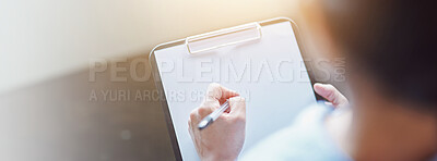 Buy stock photo Writing, clipboard and hands of person in office for ideas, planning and project inspiration. Professional, banner space and worker with paper for research notes, brainstorming and tasks checklist