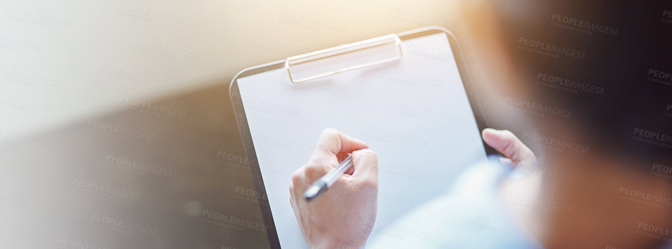 Buy stock photo Writing, clipboard and hands of person in office for ideas, planning and project inspiration. Professional, banner space and worker with paper for research notes, brainstorming and tasks checklist