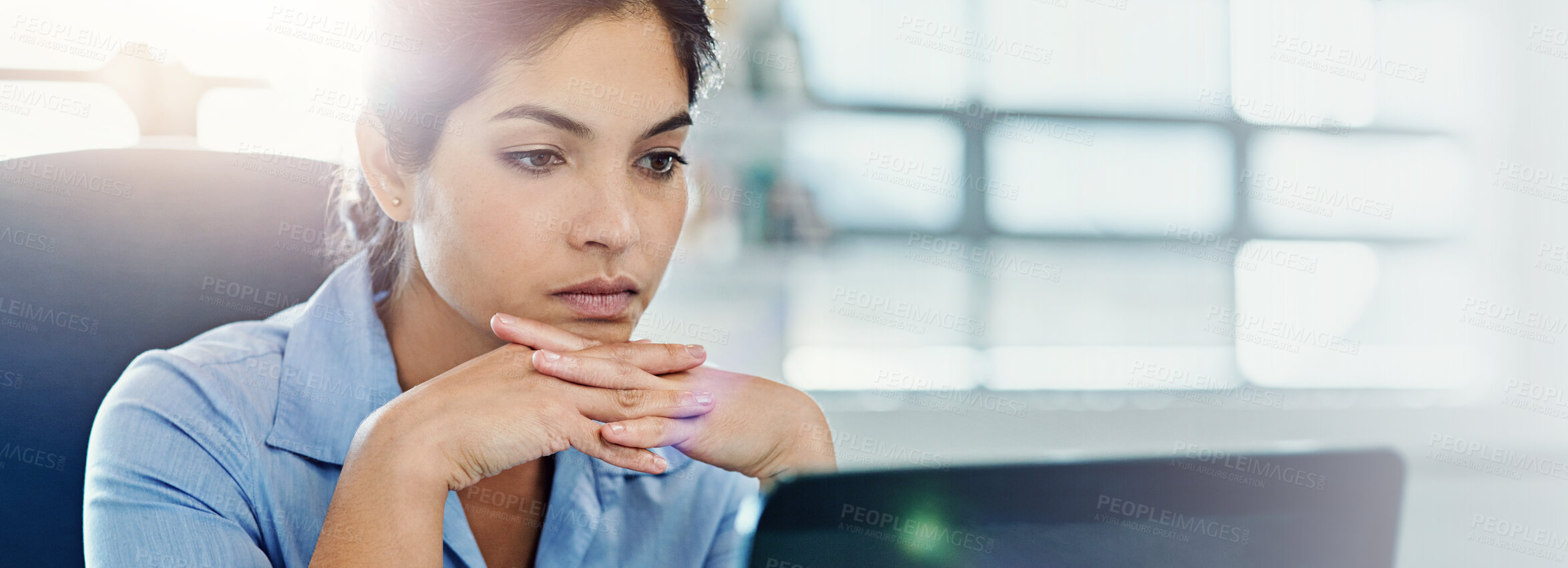 Buy stock photo Laptop, problem solving and thinking with business woman in office for investing or trading stock. Banner, concentration and space with serious agent or broker watching market for growth opportunity