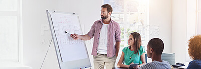 Buy stock photo Man, whiteboard and presentation with staff at startup for planning, brainstorming or banner for acquisition process. Person, speaker and crowd in modern office for problem solving at creative agency