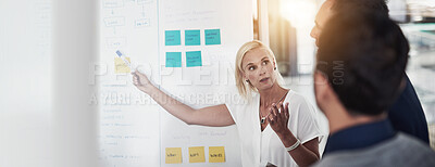 Buy stock photo Presentation, workshop and woman at whiteboard with ideas, training or research at financial agency. Meeting, planning and business people in office for brainstorming, teamwork and strategy on banner