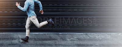 Buy stock photo Man, urban fashion and running with space, casual style and speed in city for office and job. Clothes, lens flare or late person chasing dreams for career opportunity, travel or ambition in New York