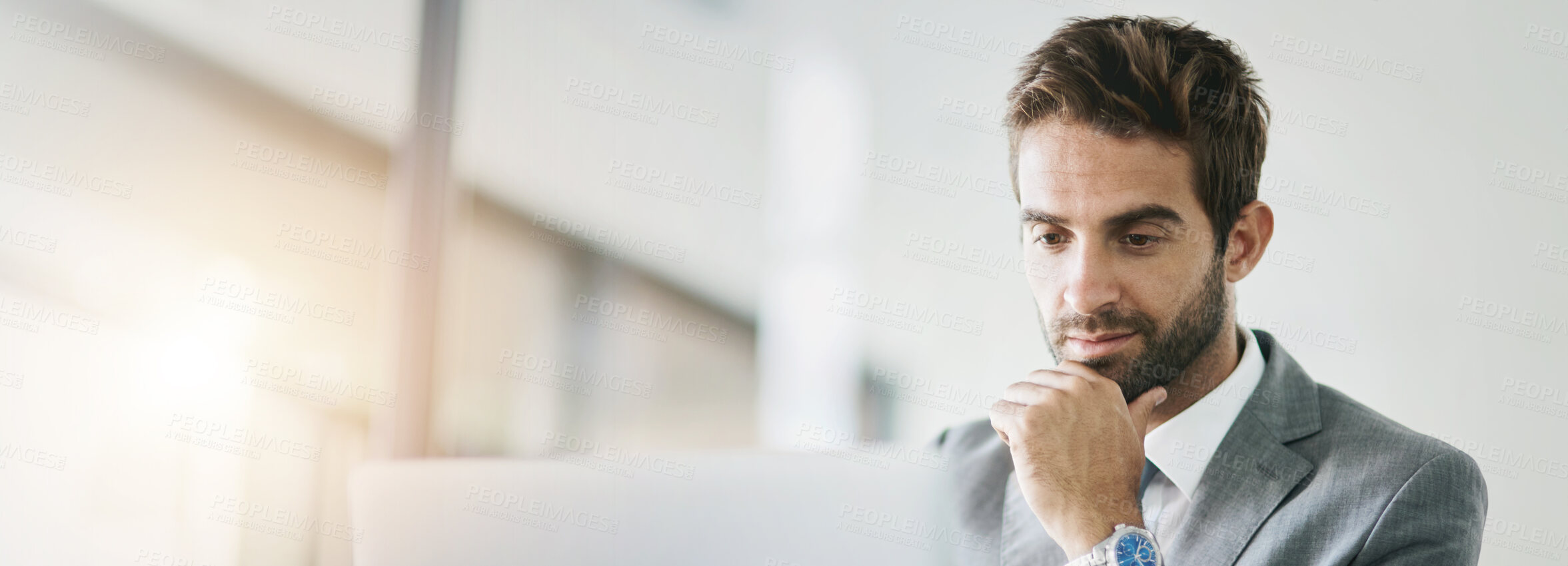 Buy stock photo Thinking, laptop and business man in office for research project, online website and finance market. Professional banner, corporate and person on computer for planning, networking and proposal report